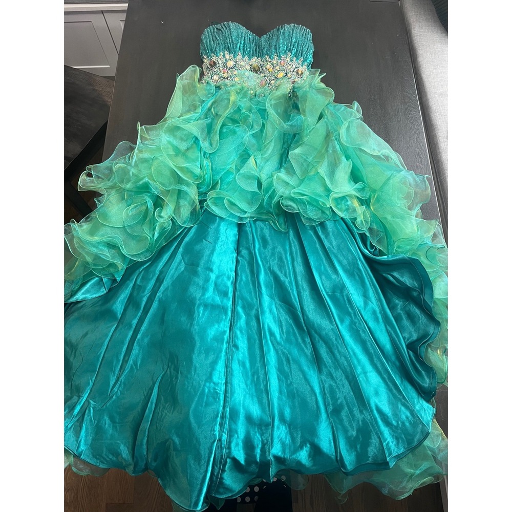 Emerald Green High Low Dress Sequin Crystal Embellished Ruffle Gown Strapless SM - Picture 12 of 17